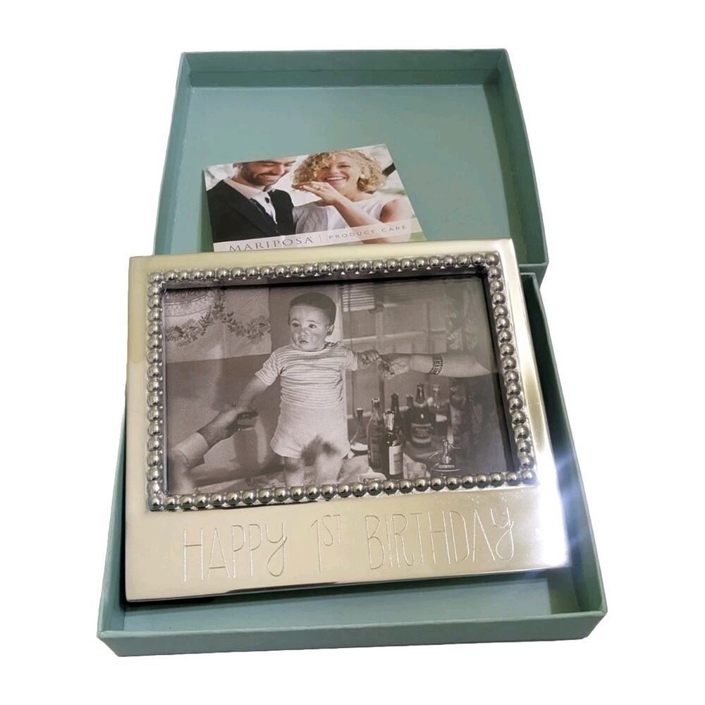 Mariposa Baby Happy 1st First Birthday Beaded Silver Tone Frame New Engraved